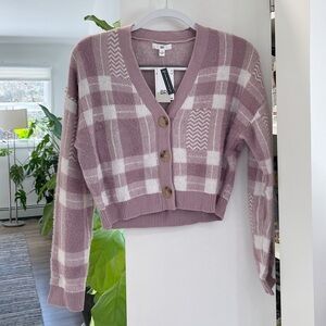 NWT! Nordstrom BP. V-neck Button Plaid Fuzzy Cropped Cardigan Sweater